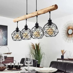 Suspension Bacabal Bois Clair, Noir, 4 Lumieres