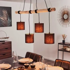 Suspension Betsele Bois Clair, Noir, 4 Lumieres