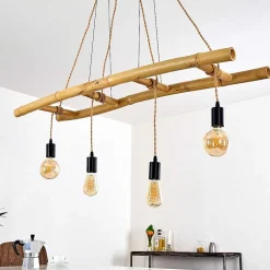 Suspension Canazei Brun, Bois Clair, Noir, 4 Lumieres