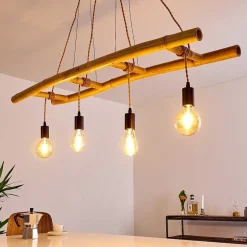 Suspension Canazei Brun, Bois Clair, Noir, 4 Lumieres