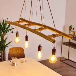 Suspension Canazei Brun, Bois Clair, Noir, 4 Lumieres