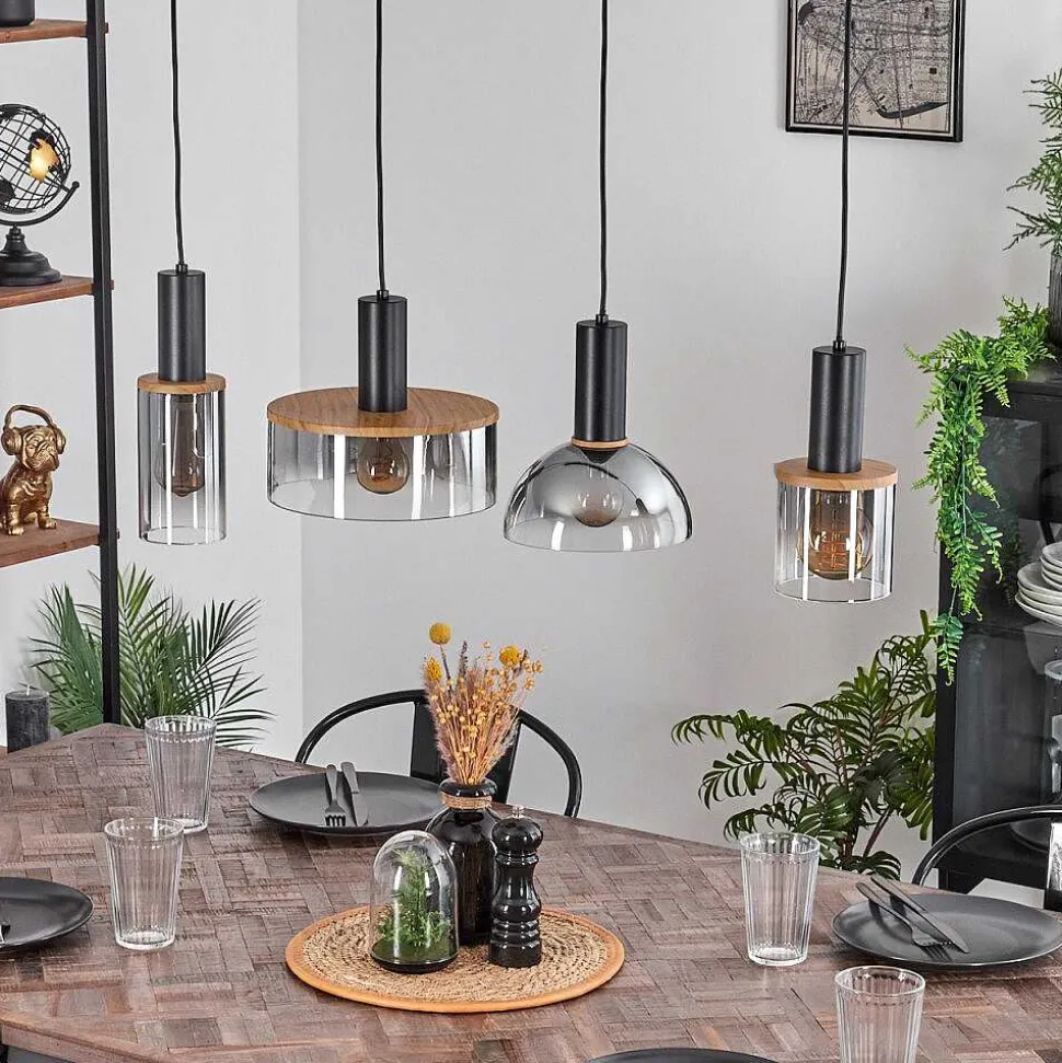 Suspension Classon Couleur Bois, Noir, 4 Lumieres