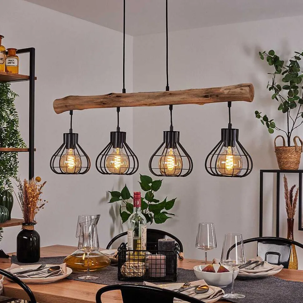 Suspension Gainesville Bois Fonce, Noir, 4 Lumieres