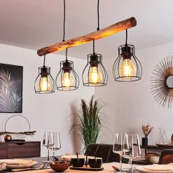 Suspension Gondo Bois Clair, Noir, 4 Lumieres