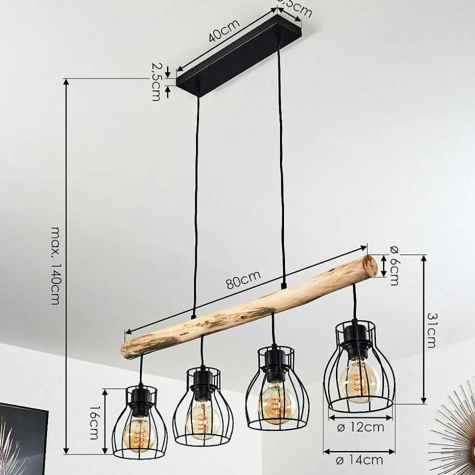 Suspension Gondo Bois Clair, Noir, 4 Lumieres