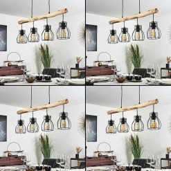 Suspension Gondo Bois Clair, Noir, 4 Lumieres