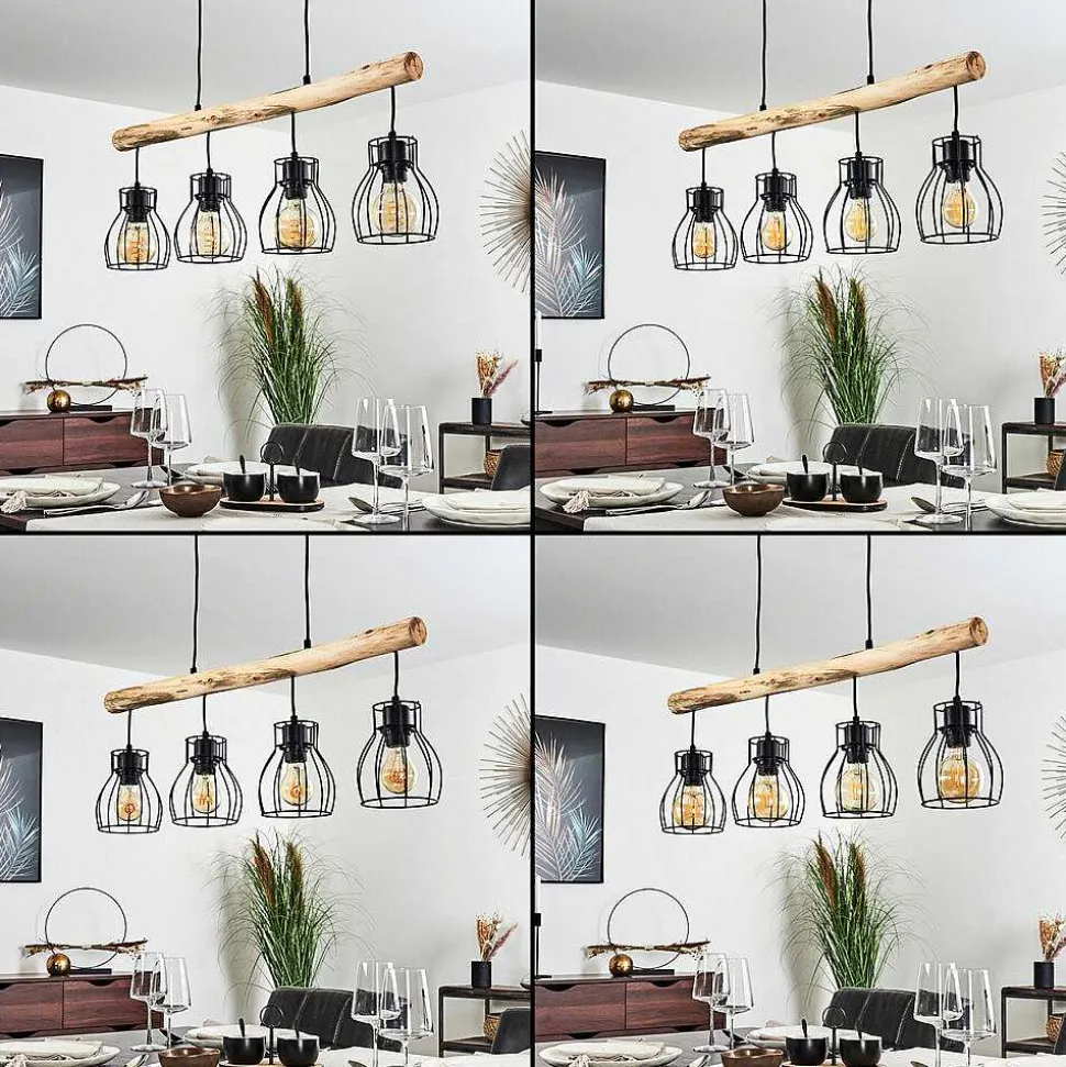 Suspension Gondo Bois Clair, Noir, 4 Lumieres