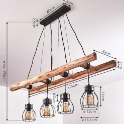 Suspension Gondo Bois Clair, Noir, 4 Lumieres