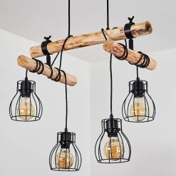 Suspension Gondo Bois Fonce, Noir, 4 Lumieres
