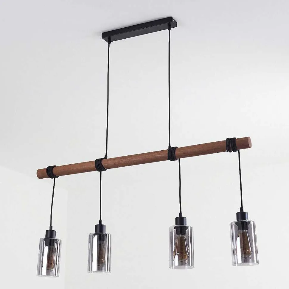 Suspension Hunouri Bois Fonce, Noir, 4 Lumieres
