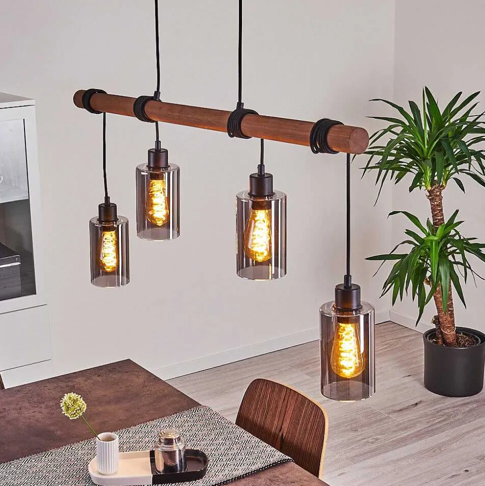 Suspension Hunouri Bois Fonce, Noir, 4 Lumieres