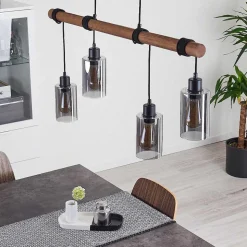 Suspension Hunouri Bois Fonce, Noir, 4 Lumieres