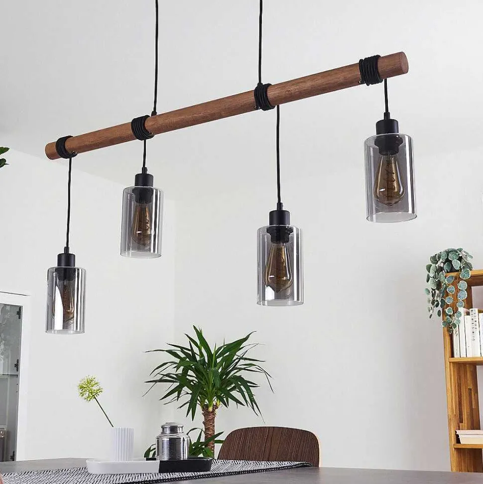 Suspension Hunouri Bois Fonce, Noir, 4 Lumieres