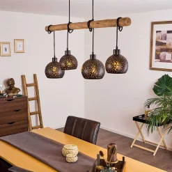 Suspension Imana Bois Clair, Noir, 4 Lumieres