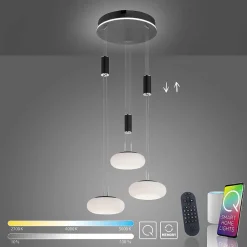 Suspension Paul Neuhaus Q-Etienne Led Noir, 3 Lumieres, Telecommandes