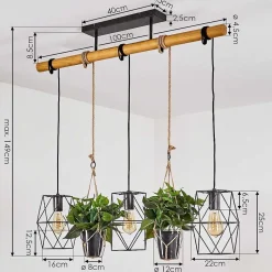 Suspension Taheramo Bois Clair, Noir, 3 Lumieres