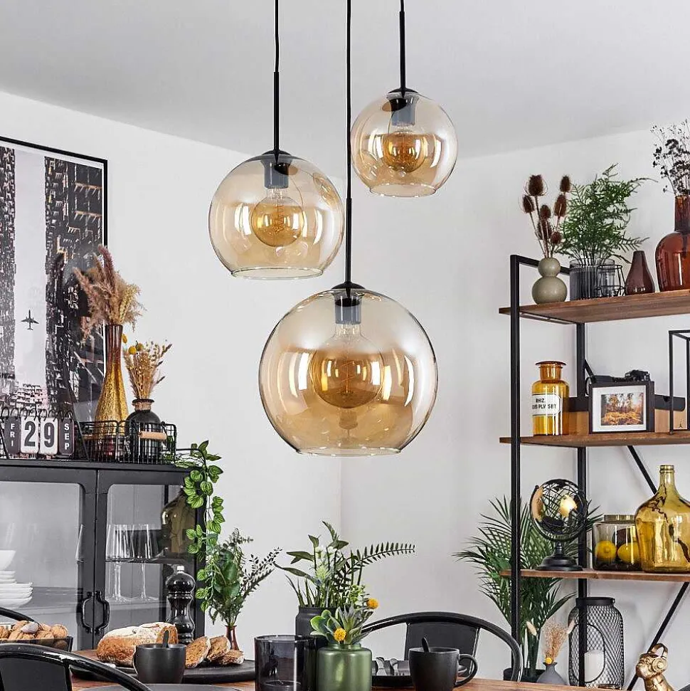 Suspension Verre 20 Cm, 25 Cm, 30Cm Koyoto Ambre, 3 Lumieres