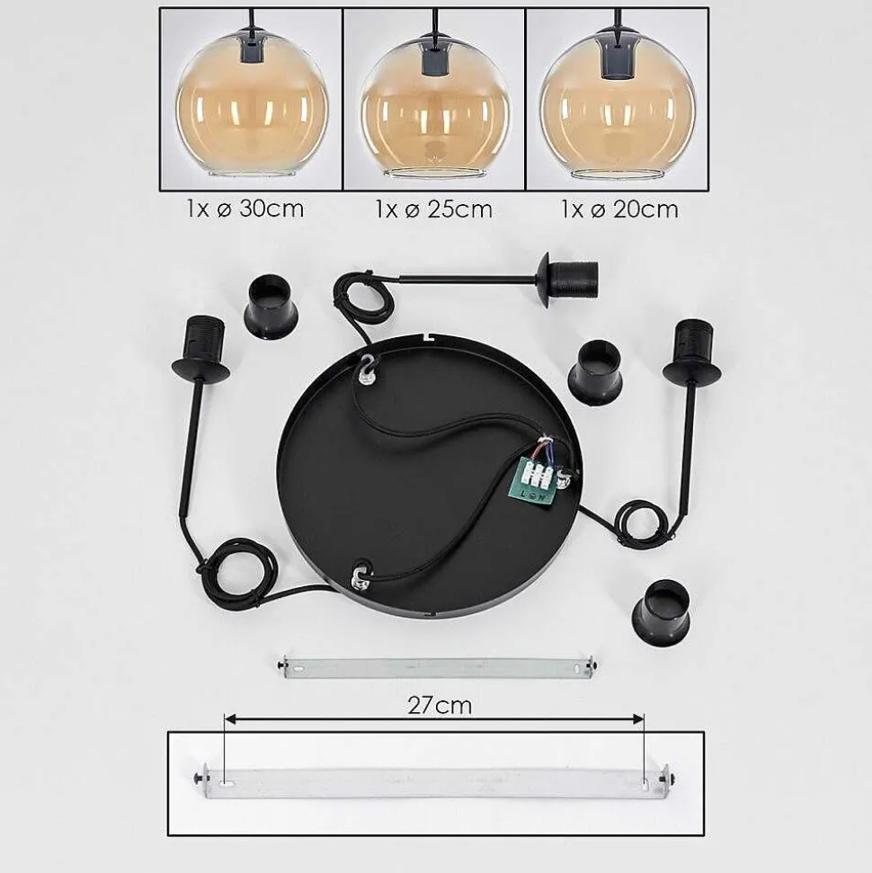 Suspension Verre 20 Cm, 25 Cm, 30Cm Koyoto Ambre, 3 Lumieres