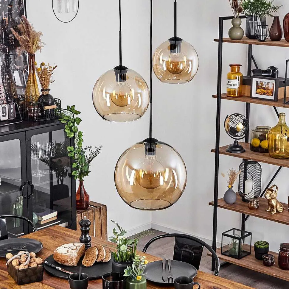 Suspension Verre 20 Cm, 25 Cm, 30Cm Koyoto Ambre, 3 Lumieres