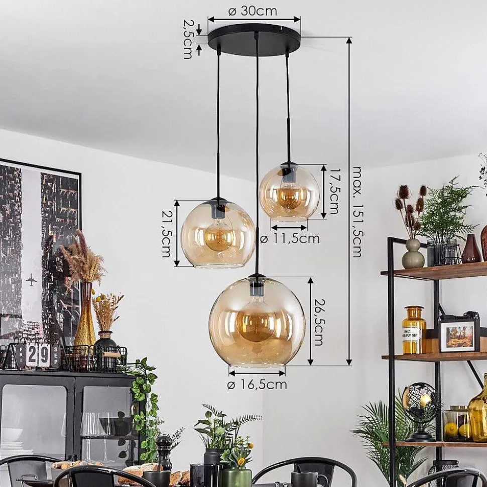 Suspension Verre 20 Cm, 25 Cm, 30Cm Koyoto Ambre, 3 Lumieres