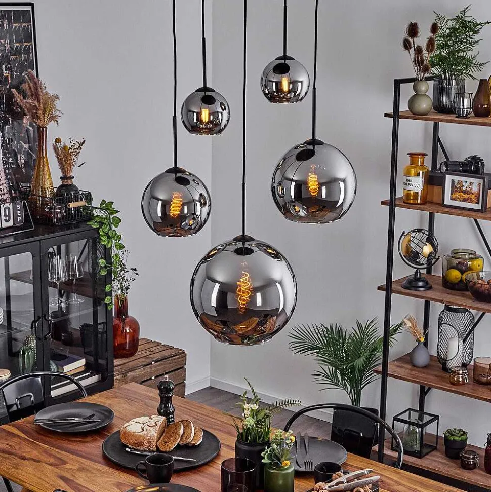 Suspension Verre 15 Cm, 20 Cm, 25 Cm, 30Cm Koyoto Chrome, Fume, 5 Lumieres