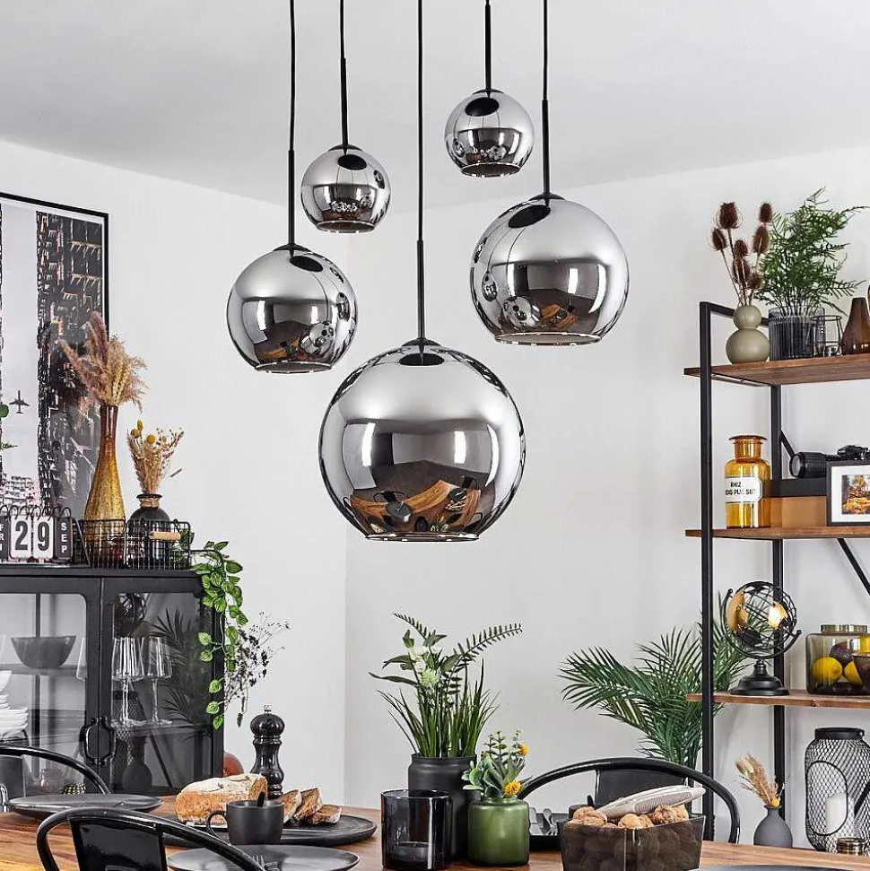 Suspension Verre 15 Cm, 20 Cm, 25 Cm, 30Cm Koyoto Chrome, Fume, 5 Lumieres