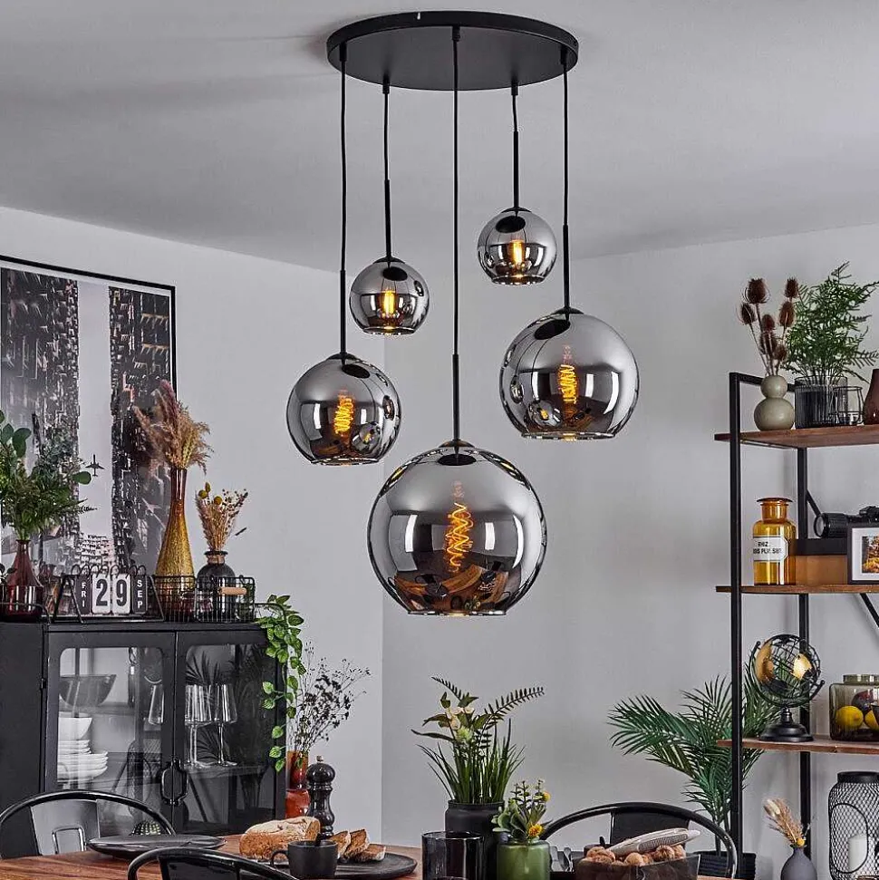 Suspension Verre 15 Cm, 20 Cm, 25 Cm, 30Cm Koyoto Chrome, Fume, 5 Lumieres