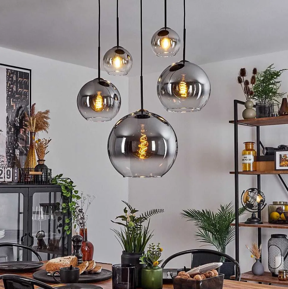 Suspension Verre 15 Cm, 20 Cm, 25 Cm, 30Cm Koyoto Clair, Fume, 5 Lumieres