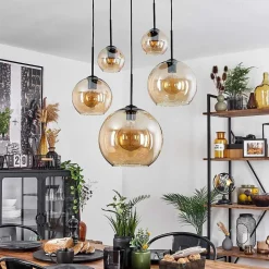 Suspension Verre 15 Cm, 20 Cm, 25 Cm, 30Cm Koyoto Ambre, 5 Lumieres