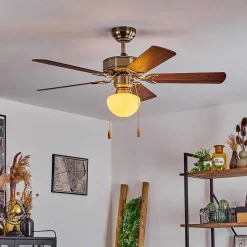 Ventilateur De Plafond Apiao Brun, Brun Clair, Couleur Bois, Argente, 1 Lumiere