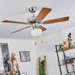 Ventilateur De Plafond Apiao Brun, Couleur Bois, Argente, 1 Lumiere