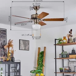 Ventilateur De Plafond Apiao Brun, Brun Clair, Couleur Bois, Argente, 1 Lumiere