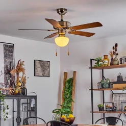 Ventilateur De Plafond Apiao Brun, Brun Clair, Couleur Bois, Argente, 1 Lumiere