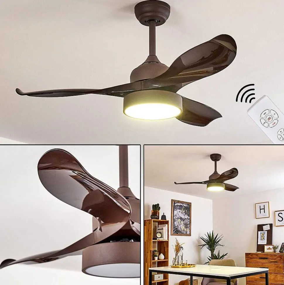 Ventilateur De Plafond Doha Led Brun, 1 Lumiere, Telecommandes