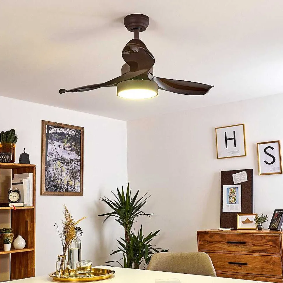 Ventilateur De Plafond Doha Led Brun, 1 Lumiere, Telecommandes