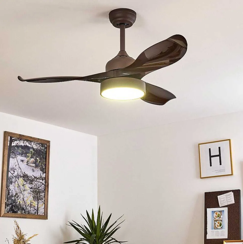 Ventilateur De Plafond Doha Led Brun, 1 Lumiere, Telecommandes