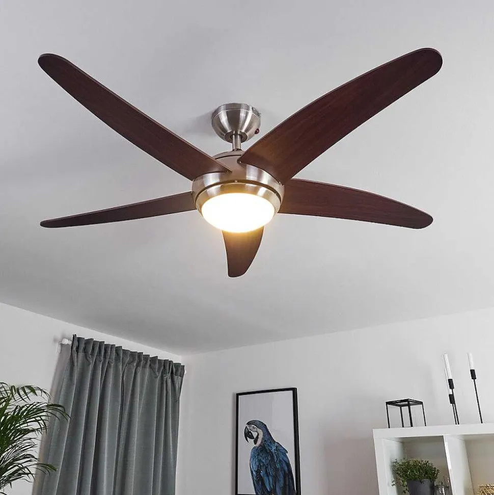 Ventilateur De Plafond Imon Bois Fonce, Nickel Mat, 1 Lumiere, Telecommandes