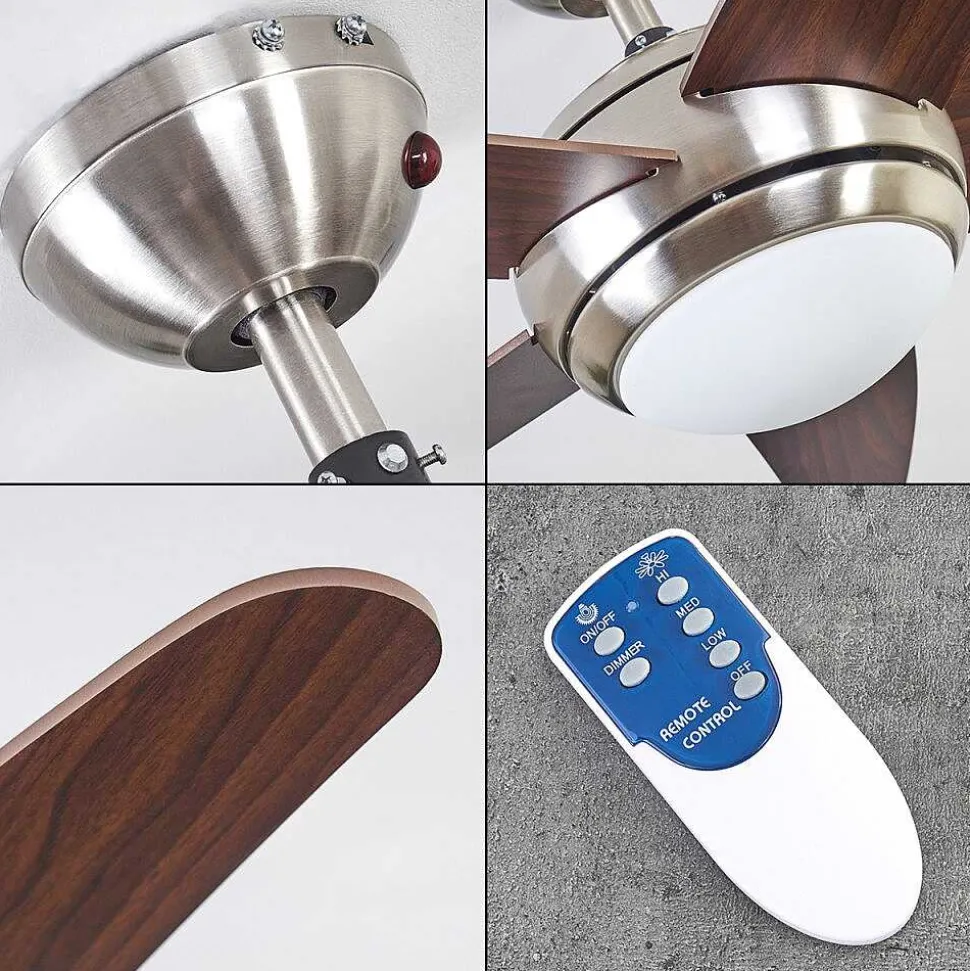 Ventilateur De Plafond Imon Bois Fonce, Nickel Mat, 1 Lumiere, Telecommandes