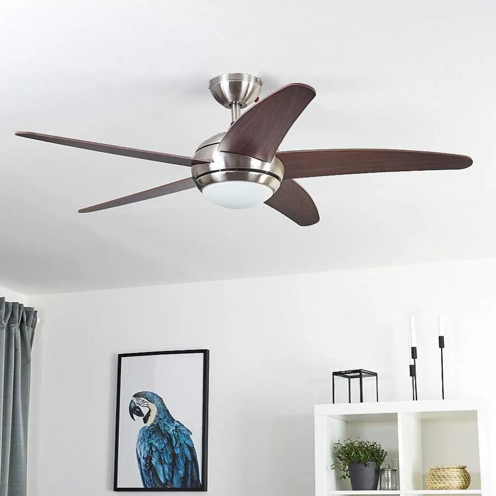 Ventilateur De Plafond Imon Bois Fonce, Nickel Mat, 1 Lumiere, Telecommandes