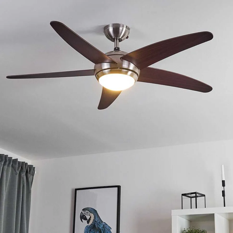 Ventilateur De Plafond Imon Bois Fonce, Nickel Mat, 1 Lumiere, Telecommandes