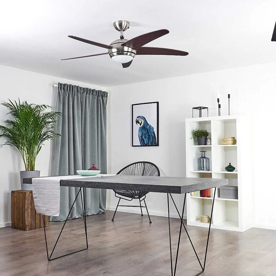 Ventilateur De Plafond Imon Bois Fonce, Nickel Mat, 1 Lumiere, Telecommandes