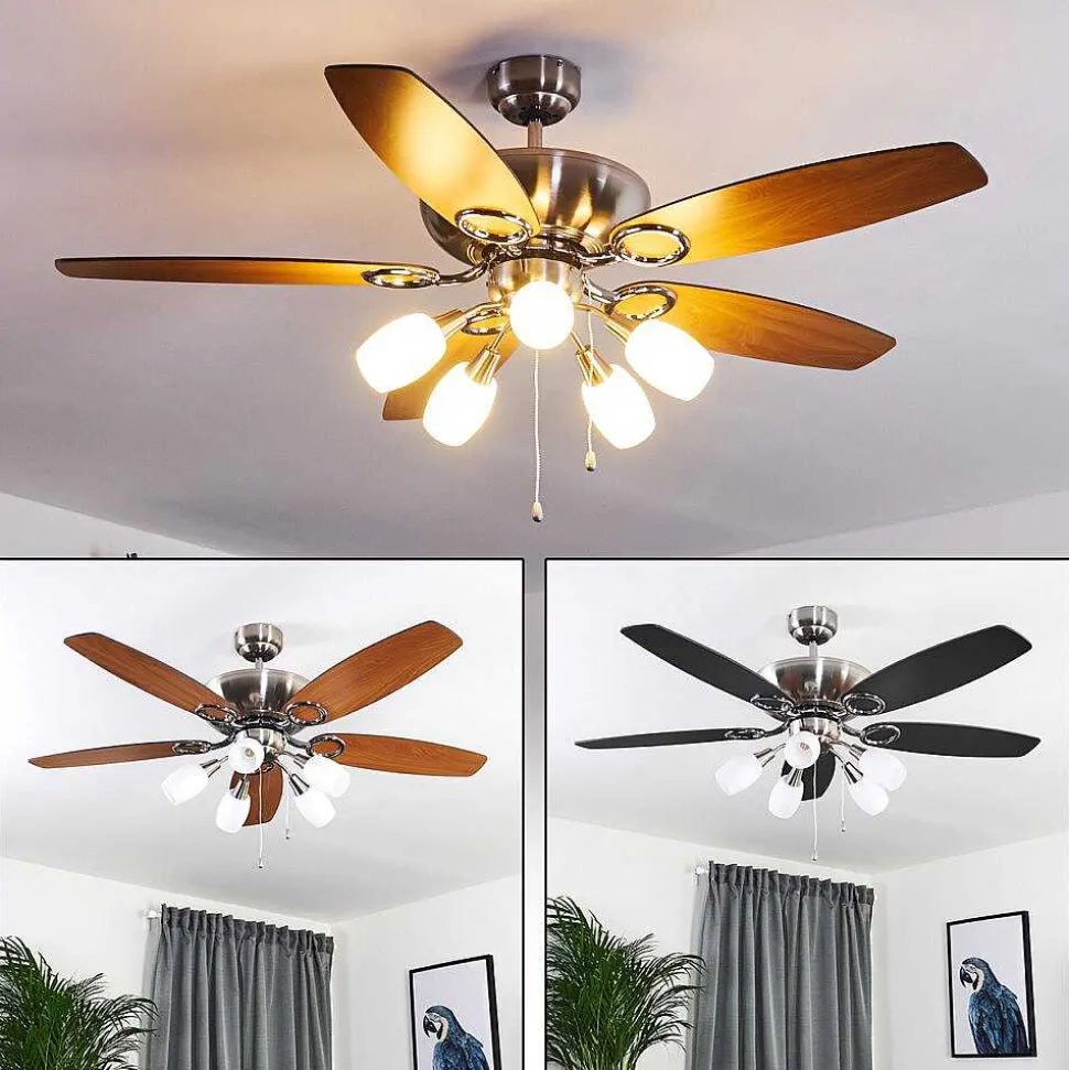 Ventilateur De Plafond Irving Chrome, Gris, Bois Clair, 5 Lumieres