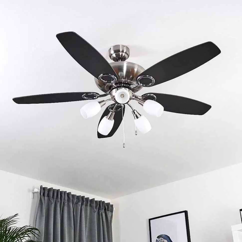 Ventilateur De Plafond Irving Chrome, Gris, Bois Clair, 5 Lumieres