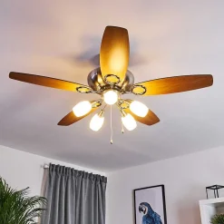 Ventilateur De Plafond Irving Chrome, Gris, Bois Clair, 5 Lumieres