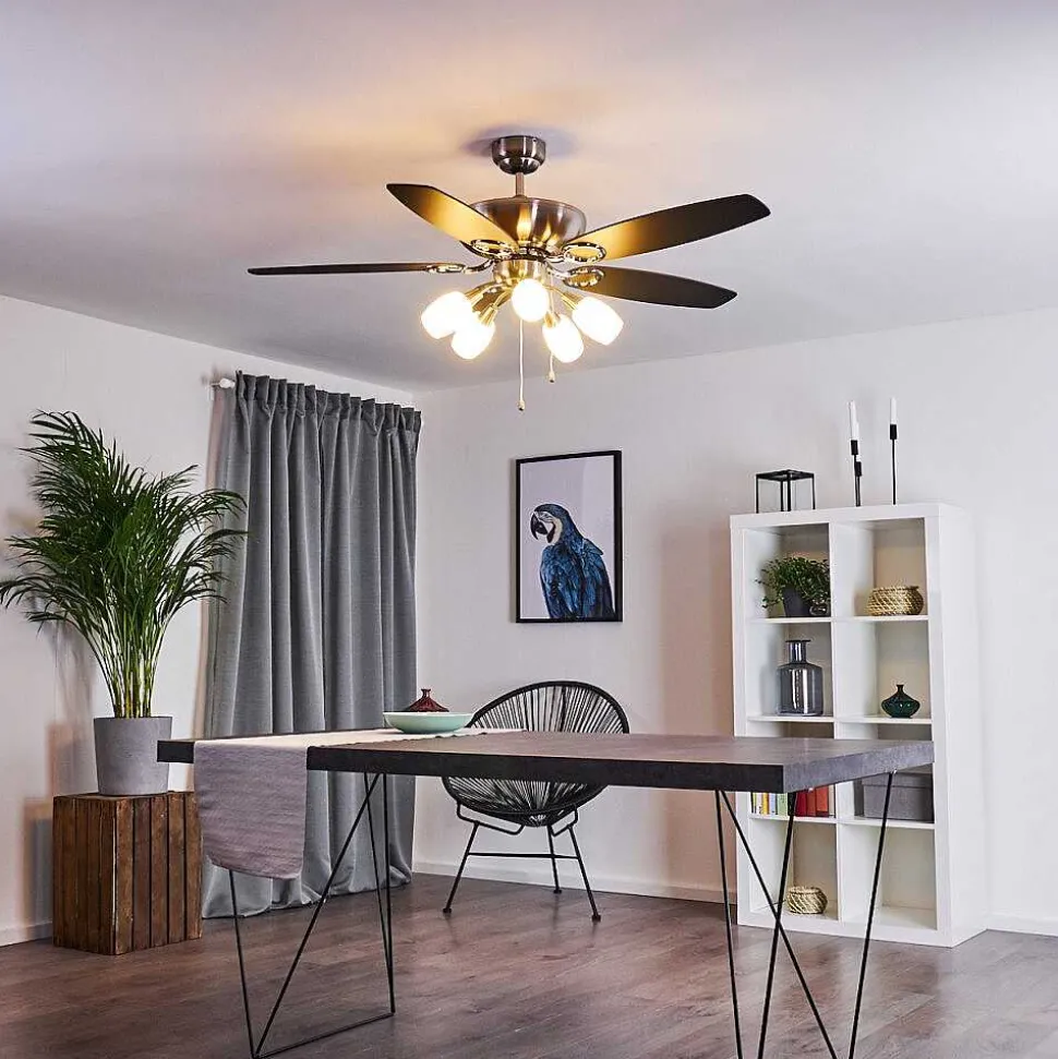 Ventilateur De Plafond Irving Chrome, Gris, Bois Clair, 5 Lumieres