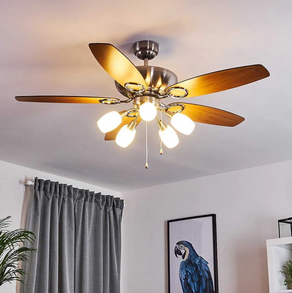 Ventilateur De Plafond Irving Chrome, Gris, Bois Clair, 5 Lumieres