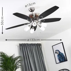 Ventilateur De Plafond Irving Chrome, Gris, Bois Clair, 5 Lumieres