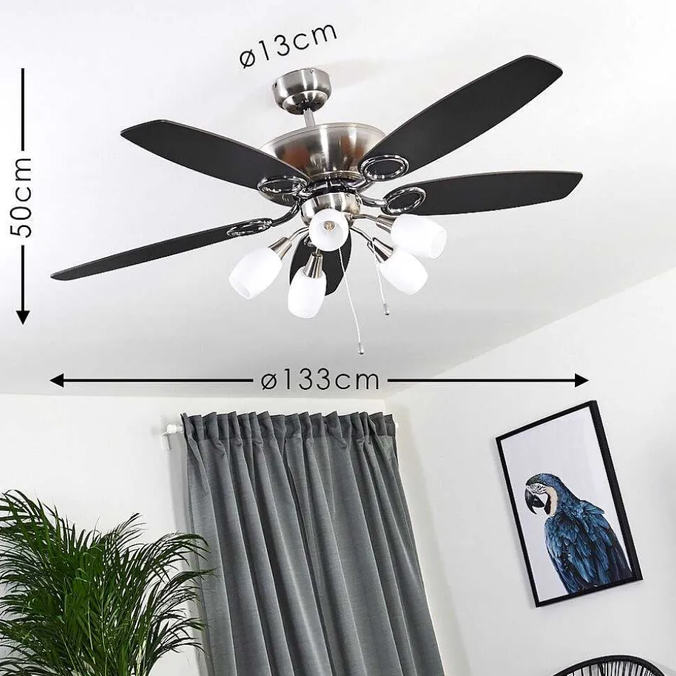 Ventilateur De Plafond Irving Chrome, Gris, Bois Clair, 5 Lumieres