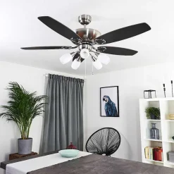 Ventilateur De Plafond Irving Chrome, Gris, Bois Clair, 5 Lumieres