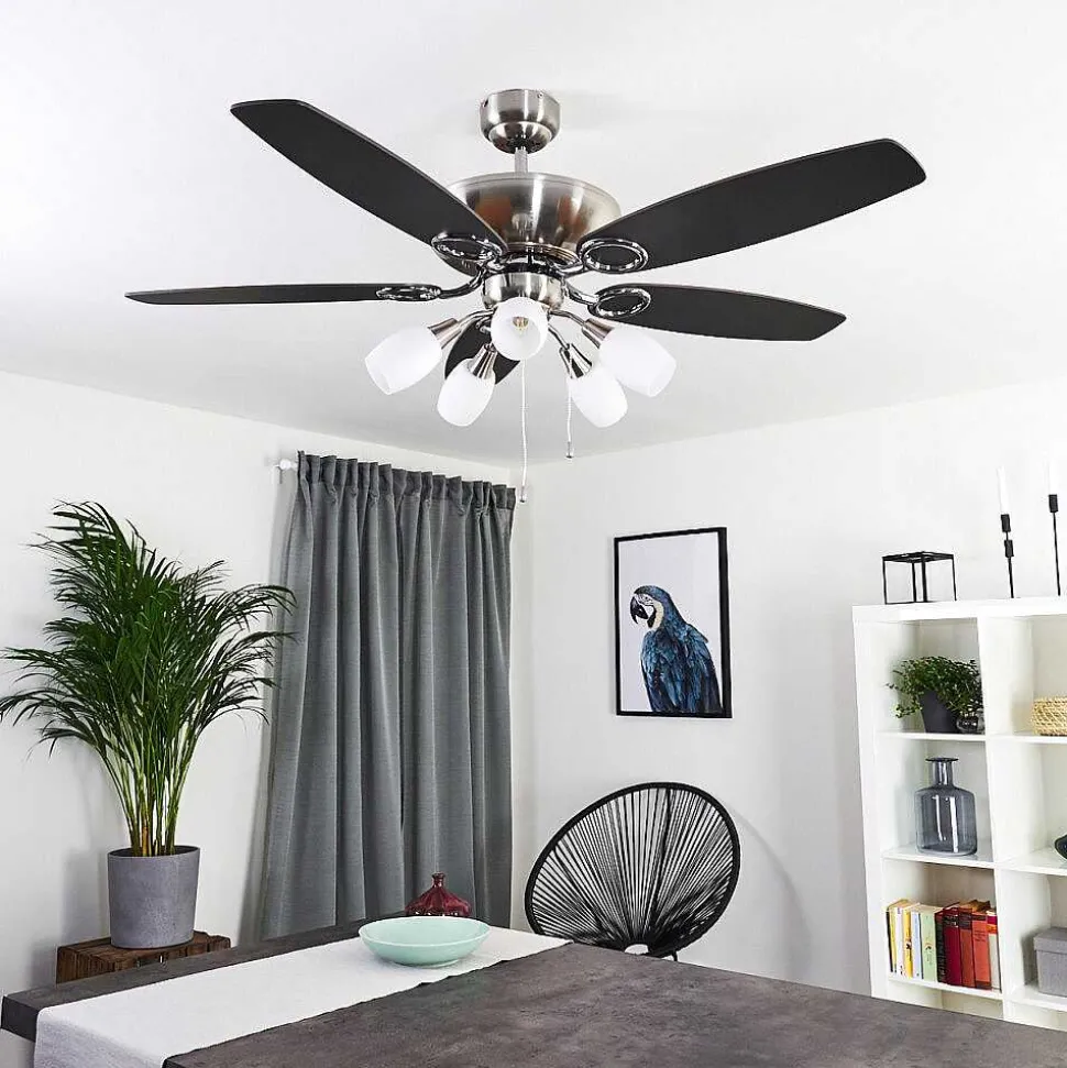 Ventilateur De Plafond Irving Chrome, Gris, Bois Clair, 5 Lumieres